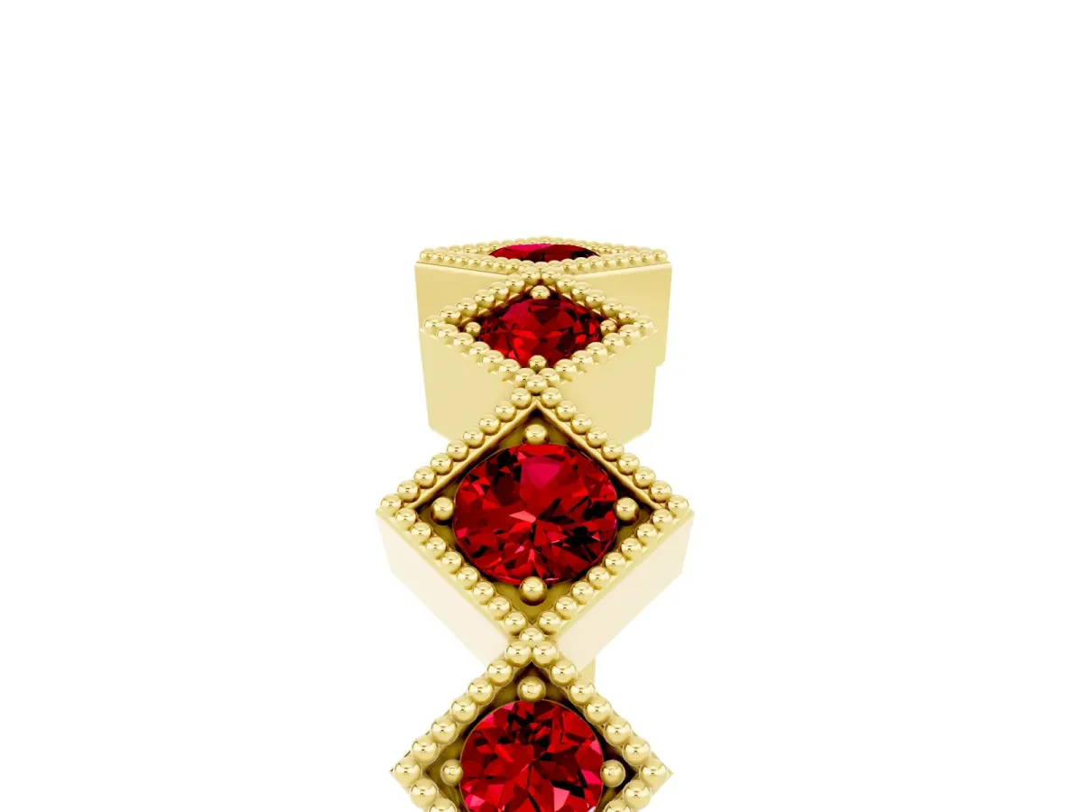 Milgrain Square Bezel Round Ruby Chevron Band Yellow gold