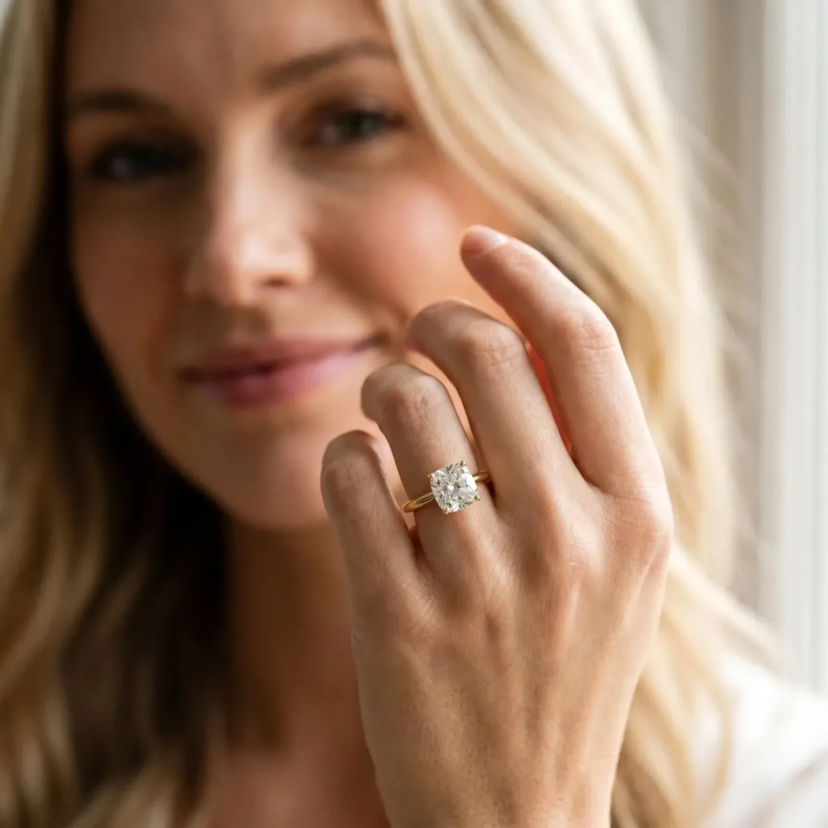 Cushion Cut Diamond Solitaire Engagement Ring with Classic Band and Four-Prong Setting Yellow gold