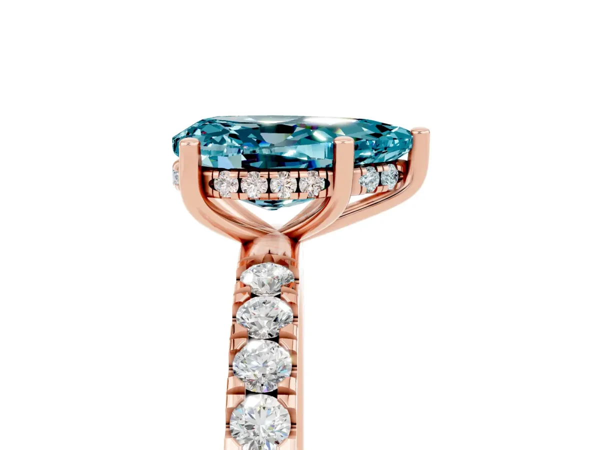 Pear Cut Blue Topaz Pave Band Solitaire Ring with Round and Prong Setting Rose gold