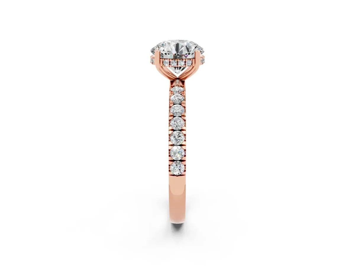Round Cut Moissanite Pave Band Solitaire Ring with Round and Prong Setting Rose gold
