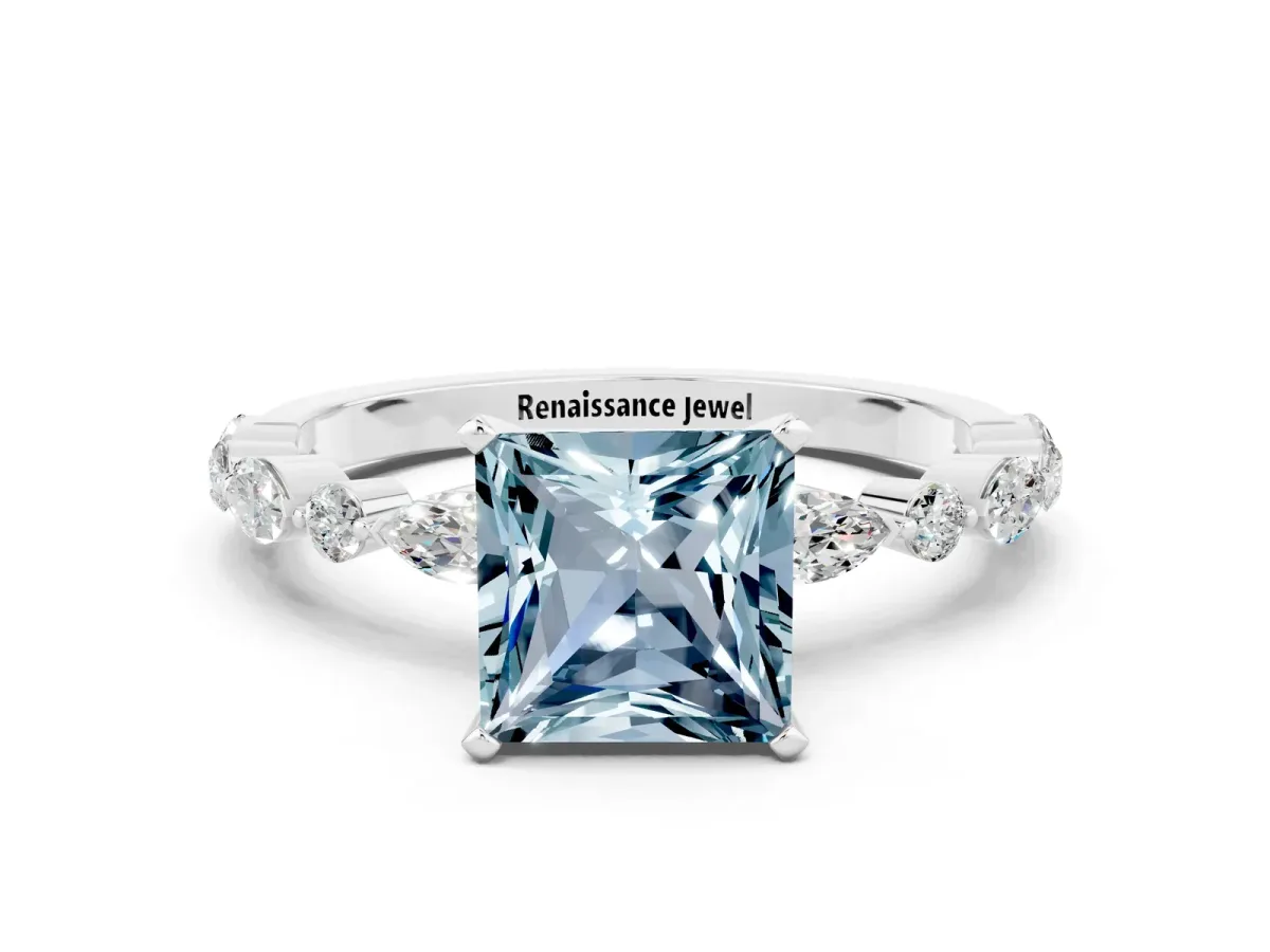 Princess Cut Aquamarine Ring with Marquise and Round Side Stones and Four-Prong Setting Silver