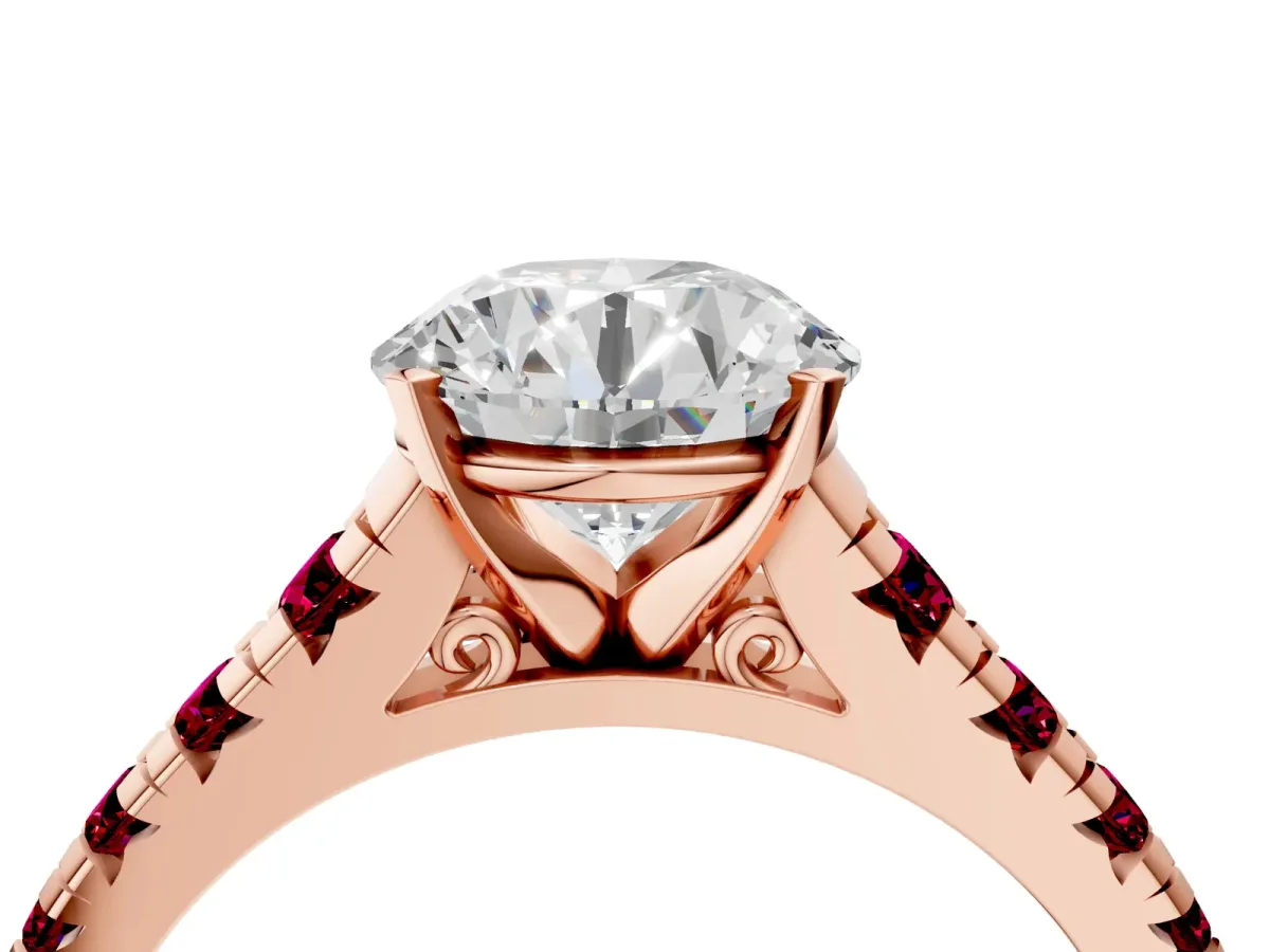 Round Cut Diamond Cathedral Solitaire Ring with Round Garnet Pavé Band Rose gold