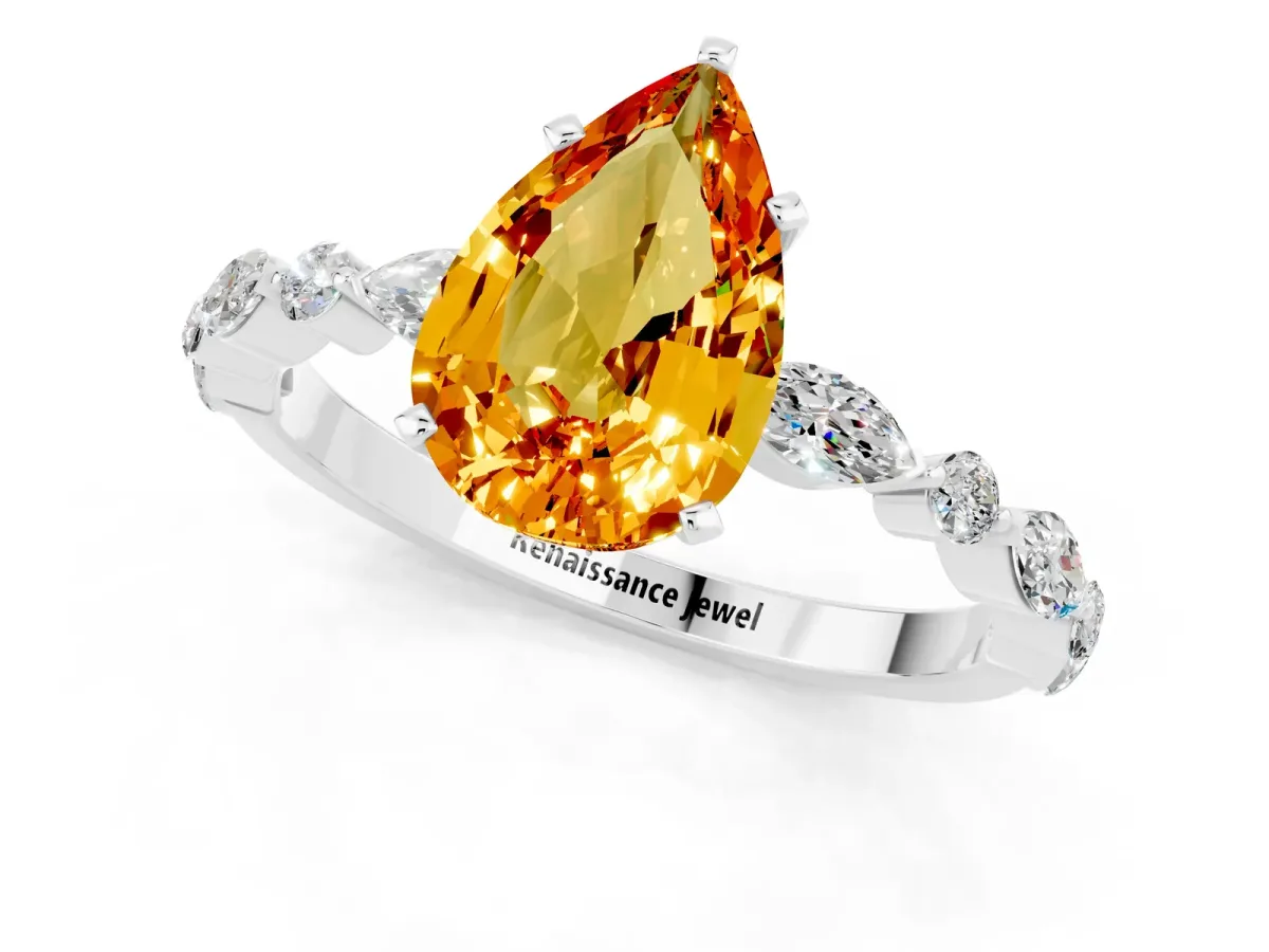 Pear Cut Citrine Ring with Marquise and Round Side Stones and Four-Prong Setting Platinum