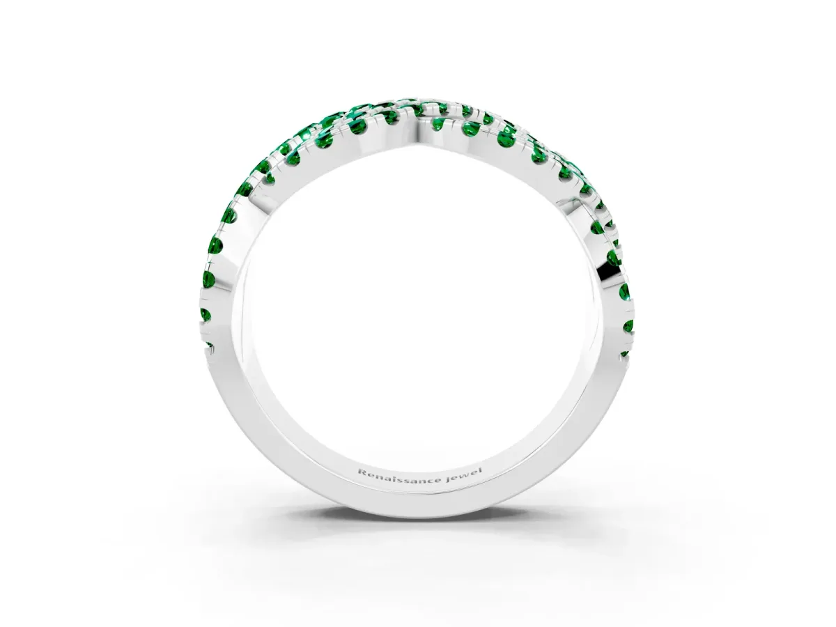 Pavé Round Emerald Infinity Twist Band with Shared Prong Setting White gold