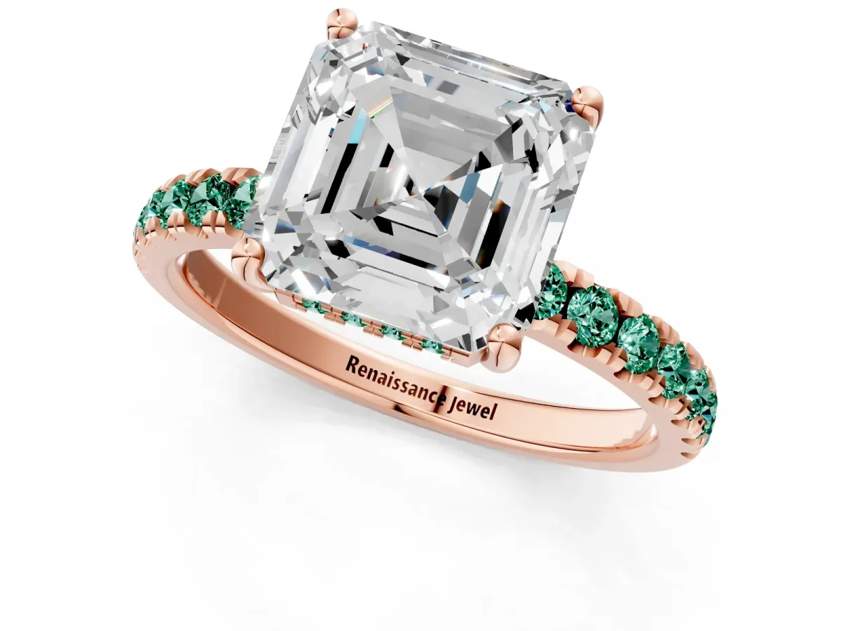 Asscher Cut Diamond Pave Band Solitaire Ring with Round Green Sapphire and Prong Setting Rose gold