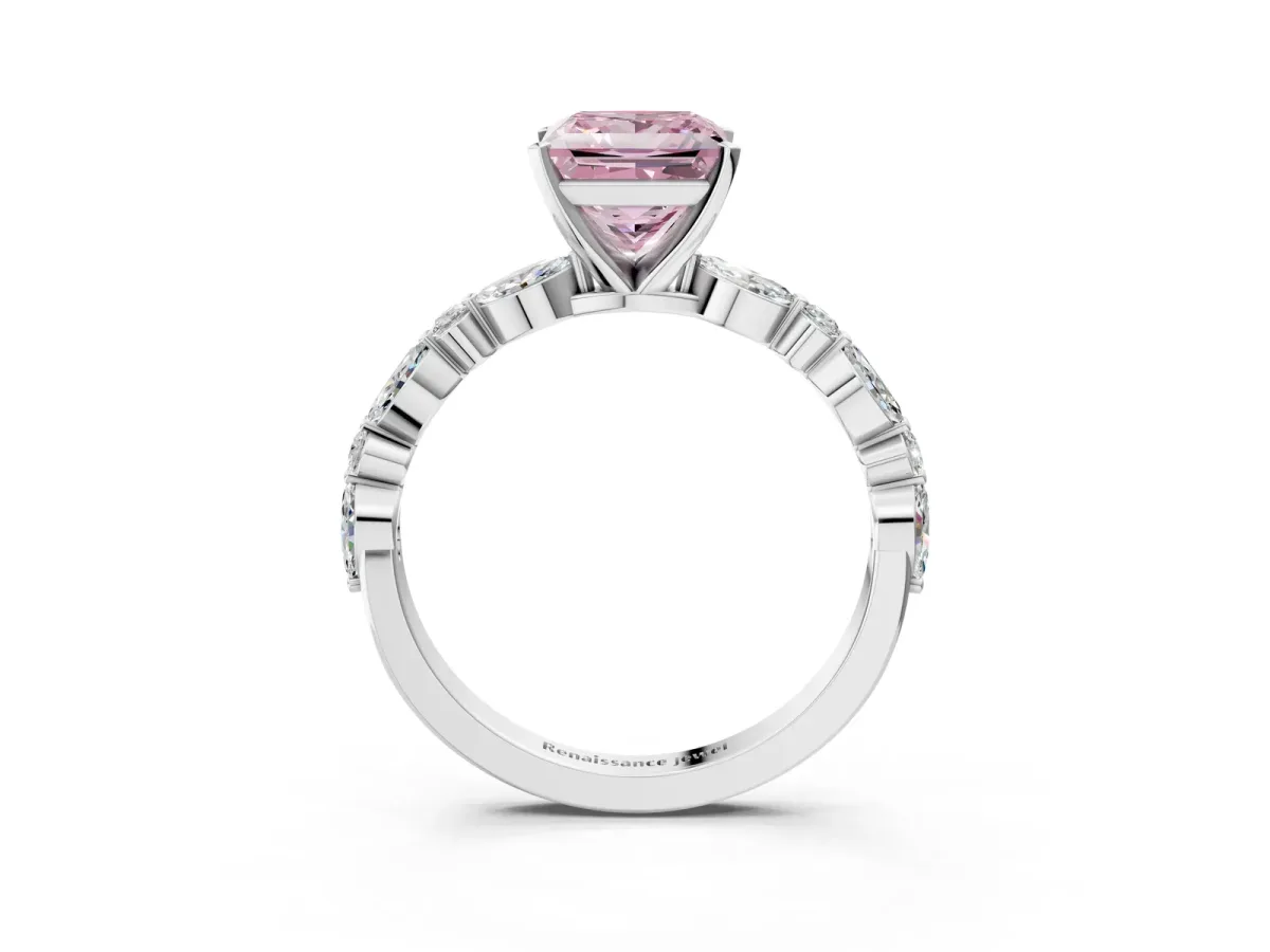 Fancy Pink Princess Cut Diamond Ring with Marquise and Round Side Stones and Four-Prong Setting Silver