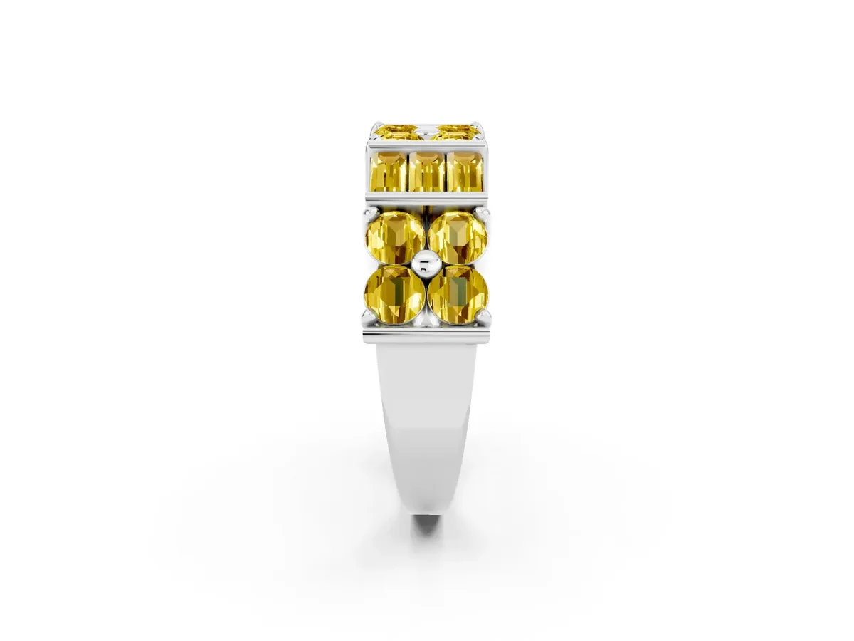 Channel Set Round and Baguette Yellow Sapphire Anniversary Band with Prong Setting Silver