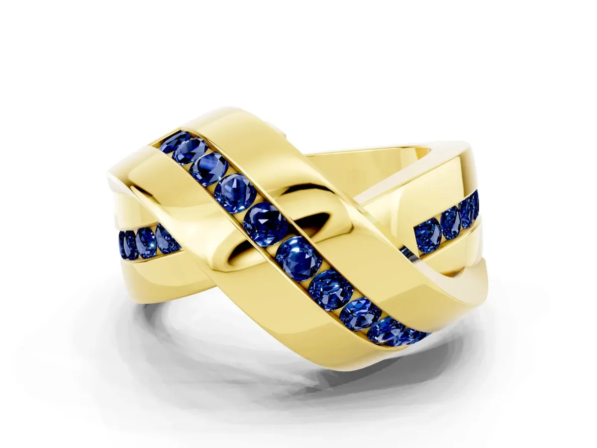 Pavé Round Blue Sapphire Crossover Band with Channel Setting Yellow gold
