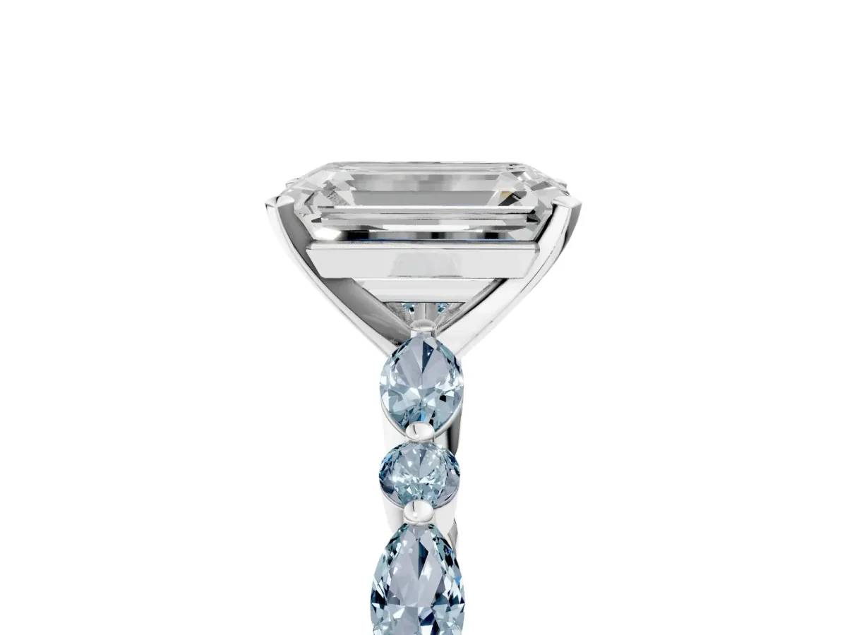 Emerald Cut Diamond Ring with Marquise and Round Aquamarine Side Stones and Four-Prong Setting Silver