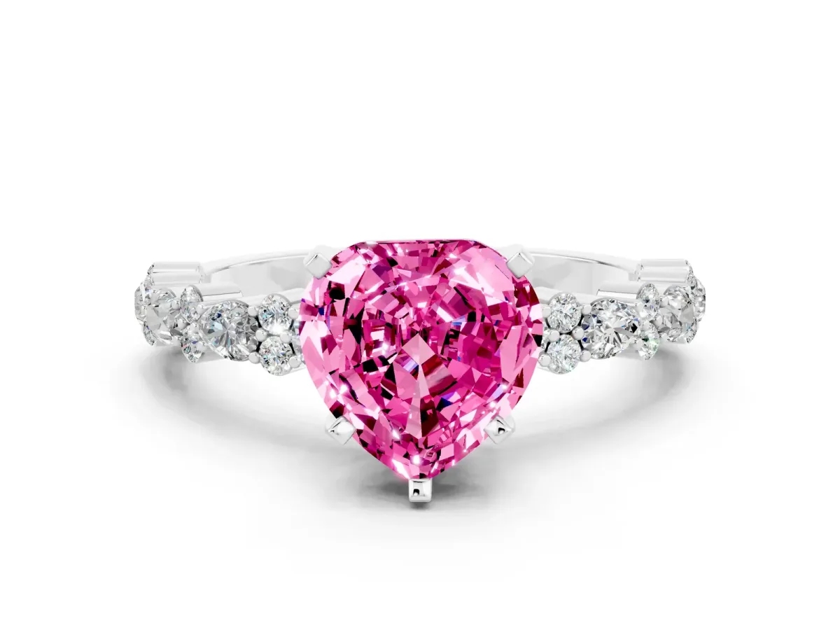 Heart Cut Pink Sapphire Side Stone Solitaire Ring with Round and Four-Prong Setting Platinum