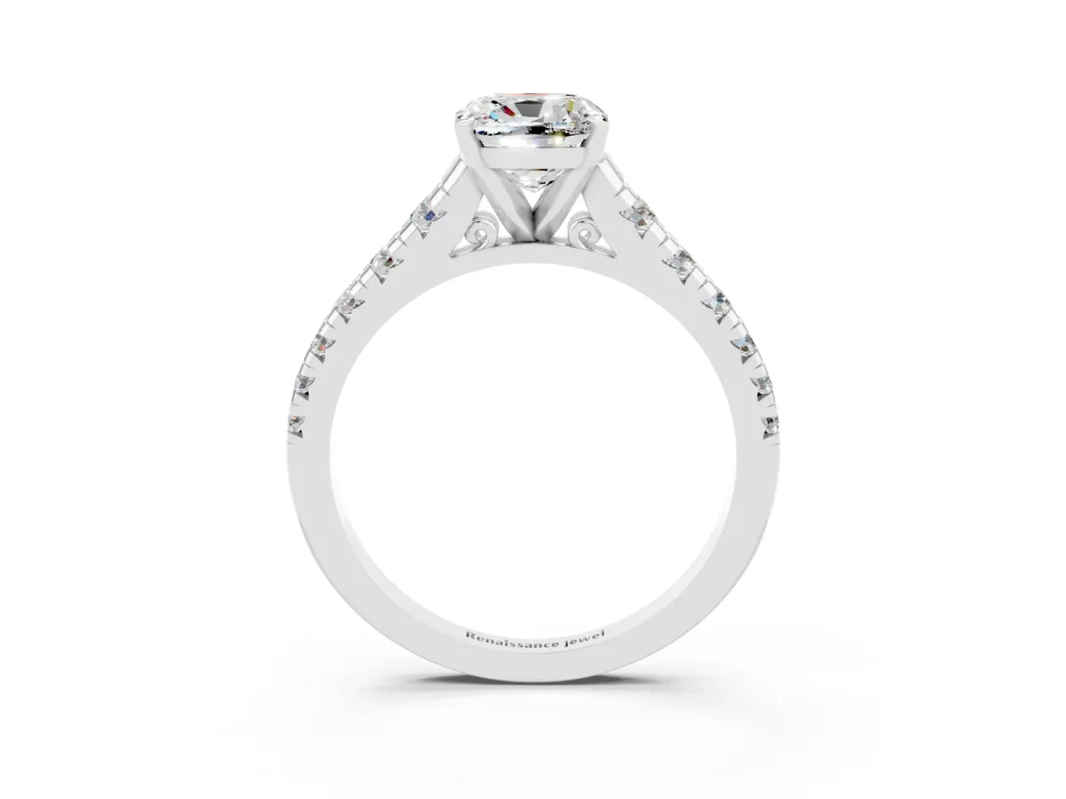 Cushion Cut Moissanite Cathedral Solitaire Ring with Round Pavé Band Silver