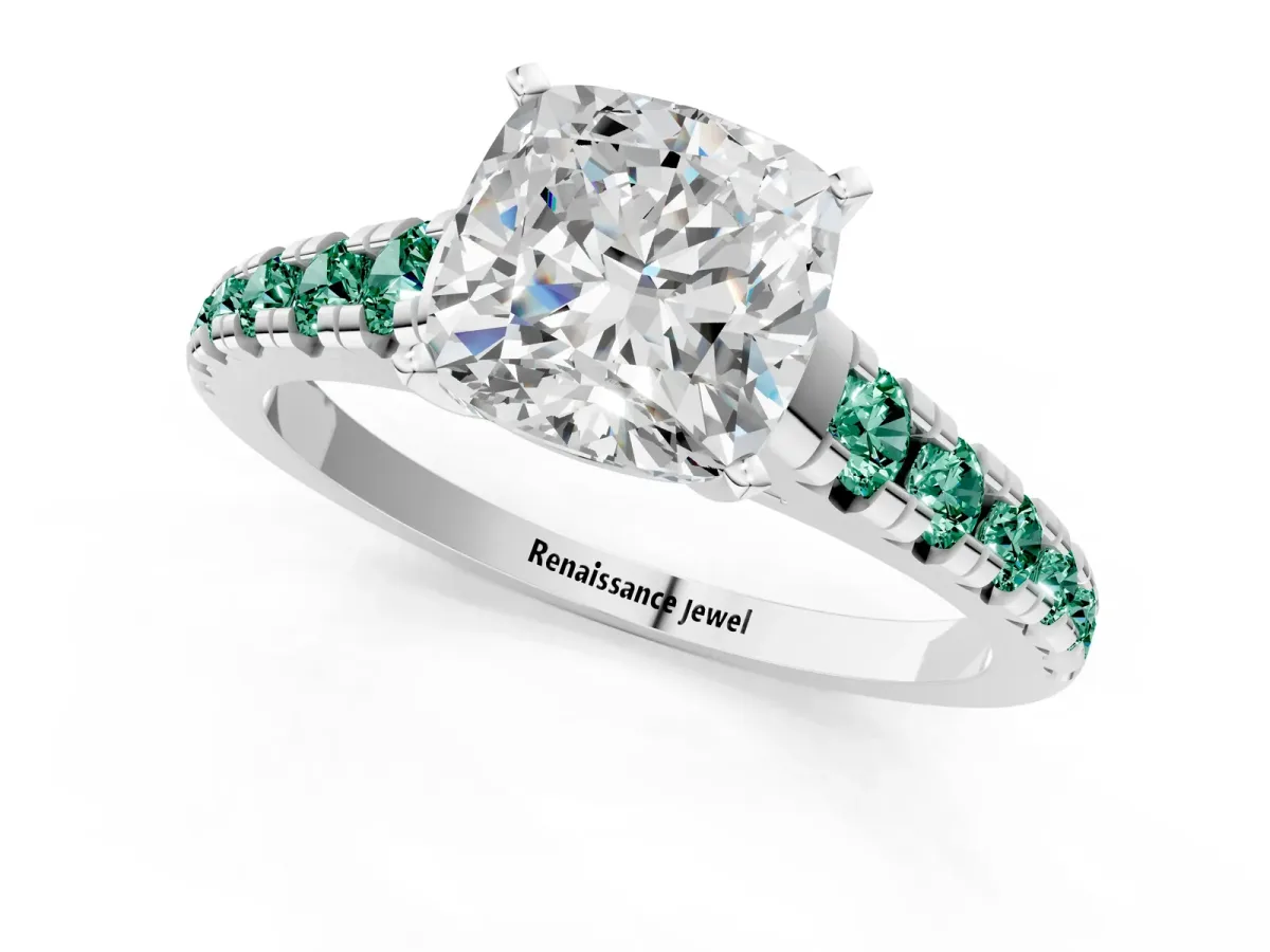 Cushion Cut Diamond Cathedral Solitaire Ring with Round Green Sapphire Pavé Band Silver