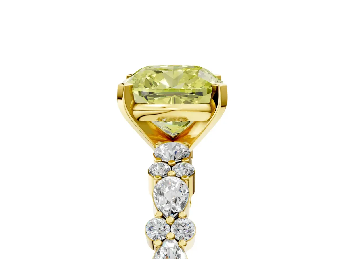 Fancy Yellow Cushion Cut Diamond Side Stone Solitaire Ring with Round and Four-Prong Setting Yellow gold