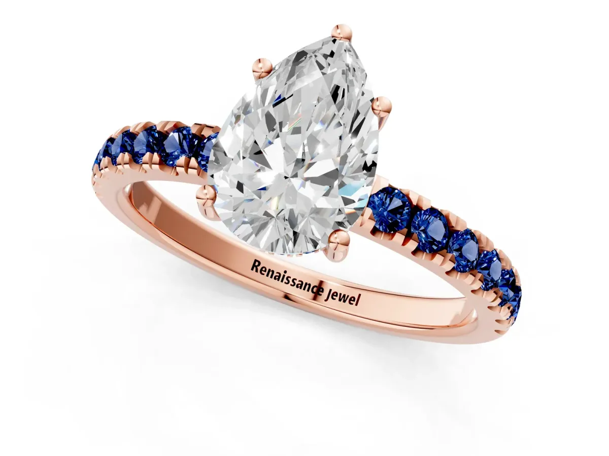 Pear Cut Diamond Pave Band Solitaire Ring with Round Blue Sapphire and Prong Setting Rose gold