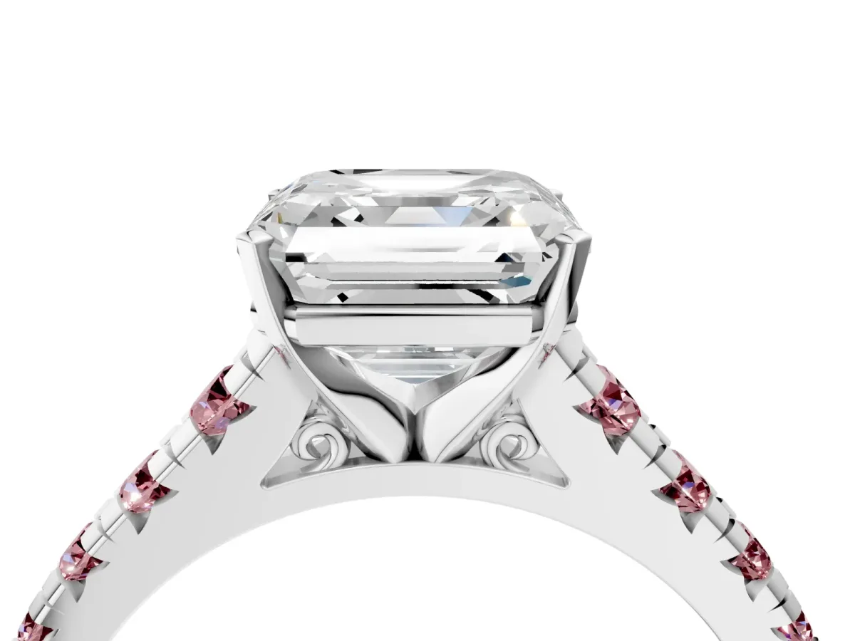Asscher Cut Diamond Cathedral Solitaire Ring with Round Morganite Pavé Band Silver