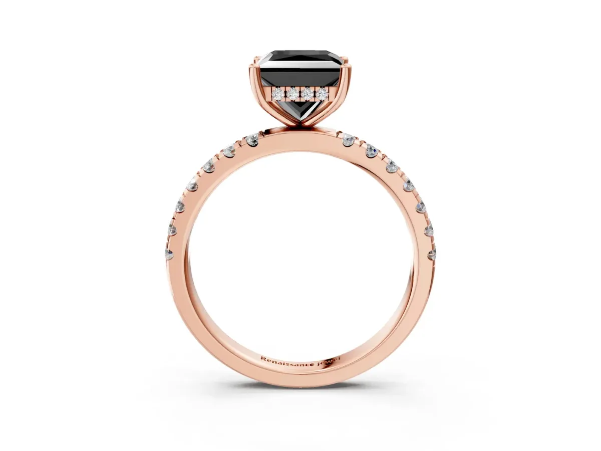 Fancy Black Princess Cut Diamond Pave Band Solitaire Ring with Round and Prong Setting Rose gold