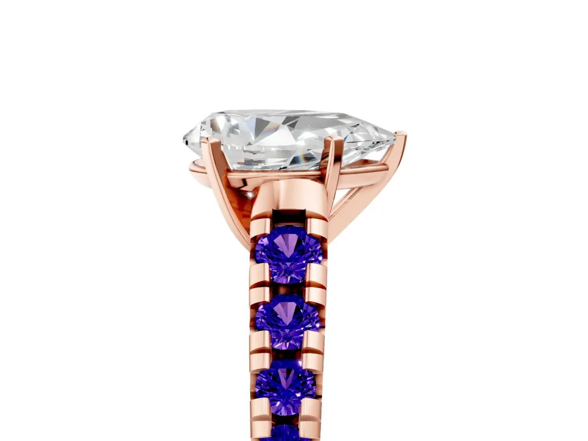 Pear Cut Diamond Cathedral Solitaire Ring with Round Tanzanite Pavé Band Rose gold