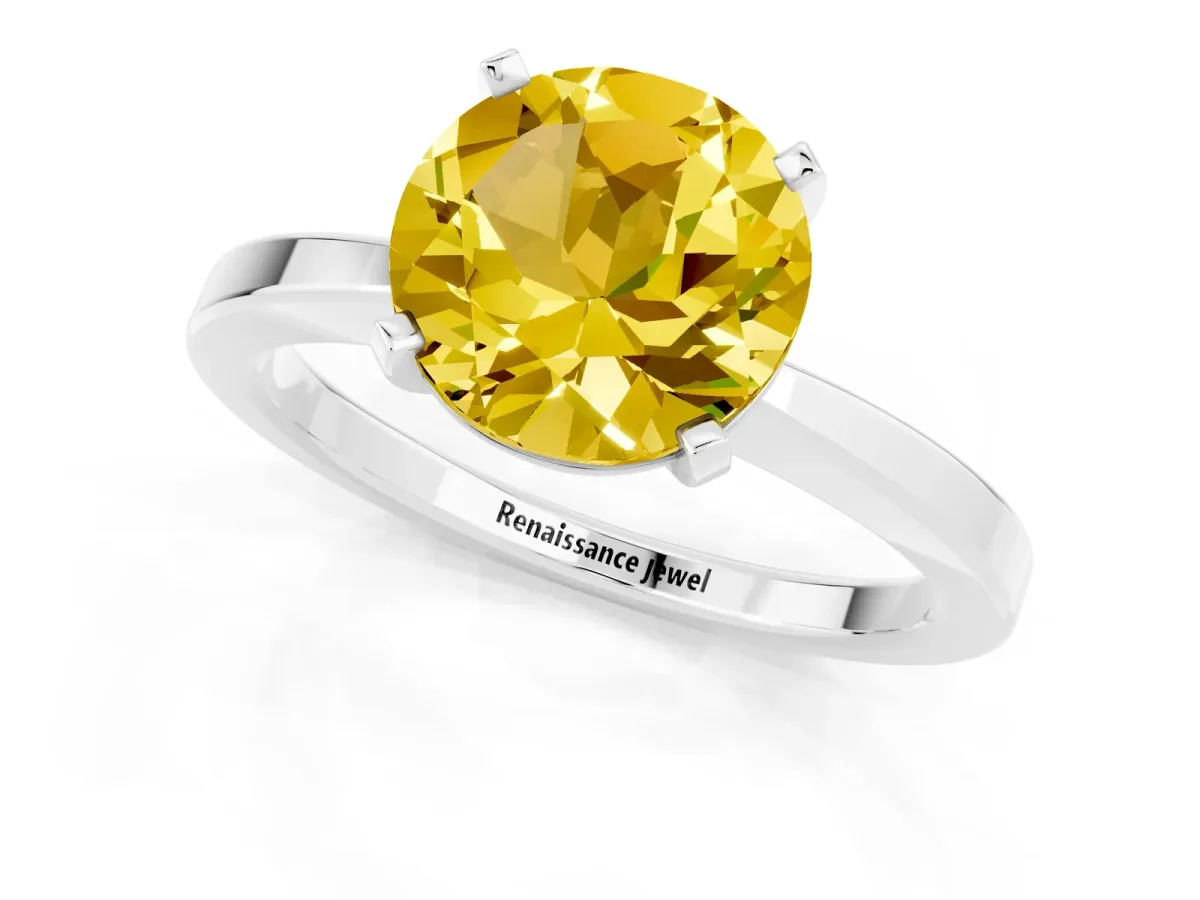 Round Cut Yellow Sapphire Solitaire Engagement Ring with Classic Band and Four-Prong Setting Silver