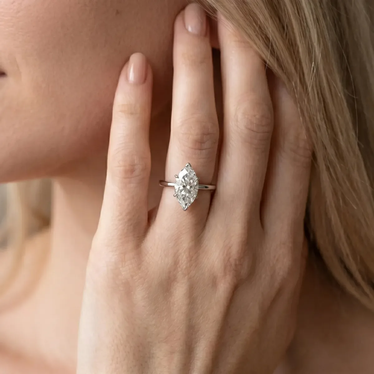 Marquise Cut Diamond Solitaire Engagement Ring with Classic Band and Four-Prong Setting Silver