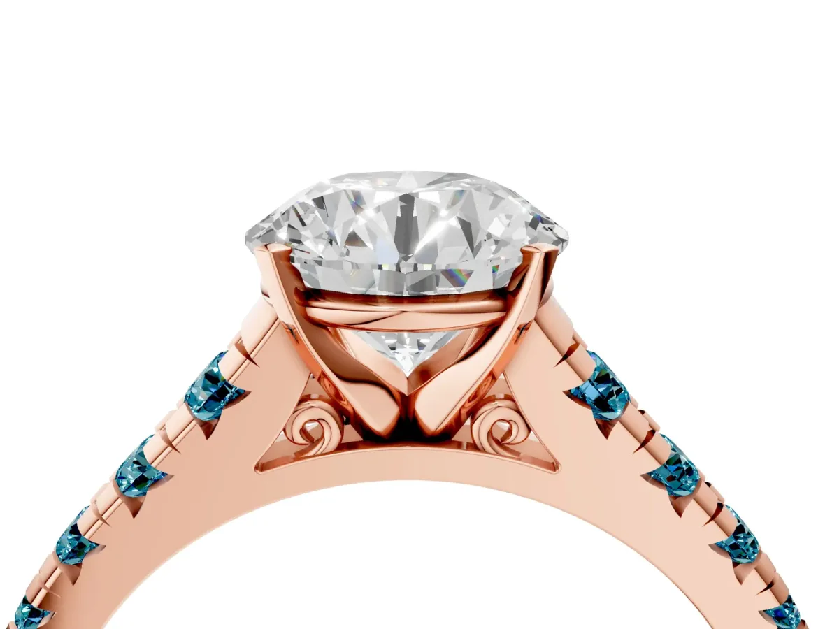 Round Cut Diamond Cathedral Solitaire Ring with Round Blue Topaz Pavé Band Rose gold