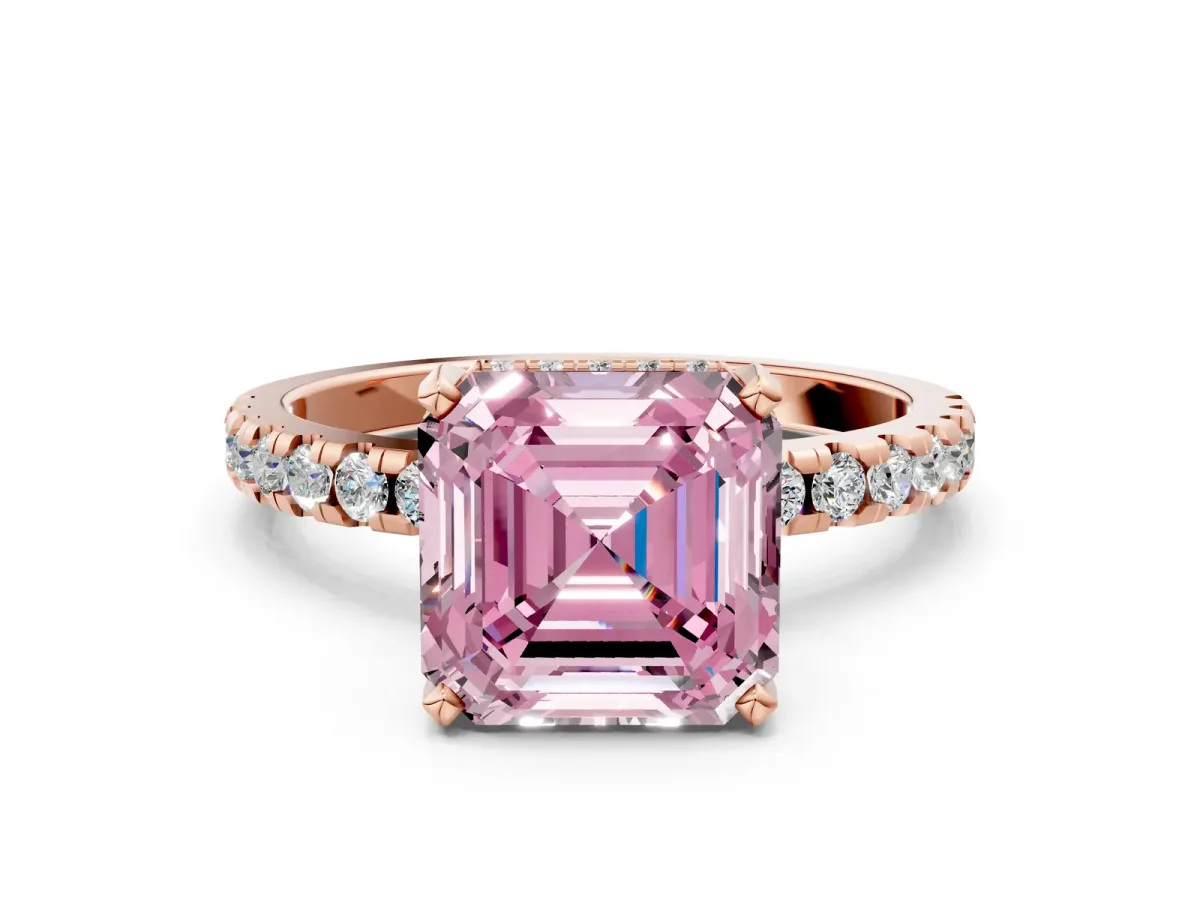 Fancy Pink Asscher Cut Diamond Solitaire Ring with Round Pavé Band and Four-Prong Setting Rose gold