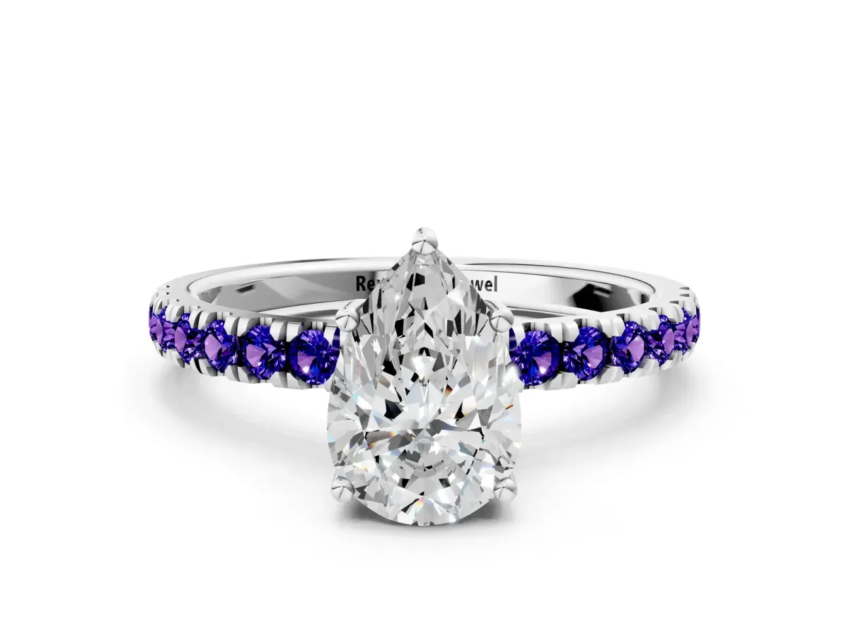 Pear Cut Diamond Pave Band Solitaire Ring with Round Tanzanite and Prong Setting Platinum