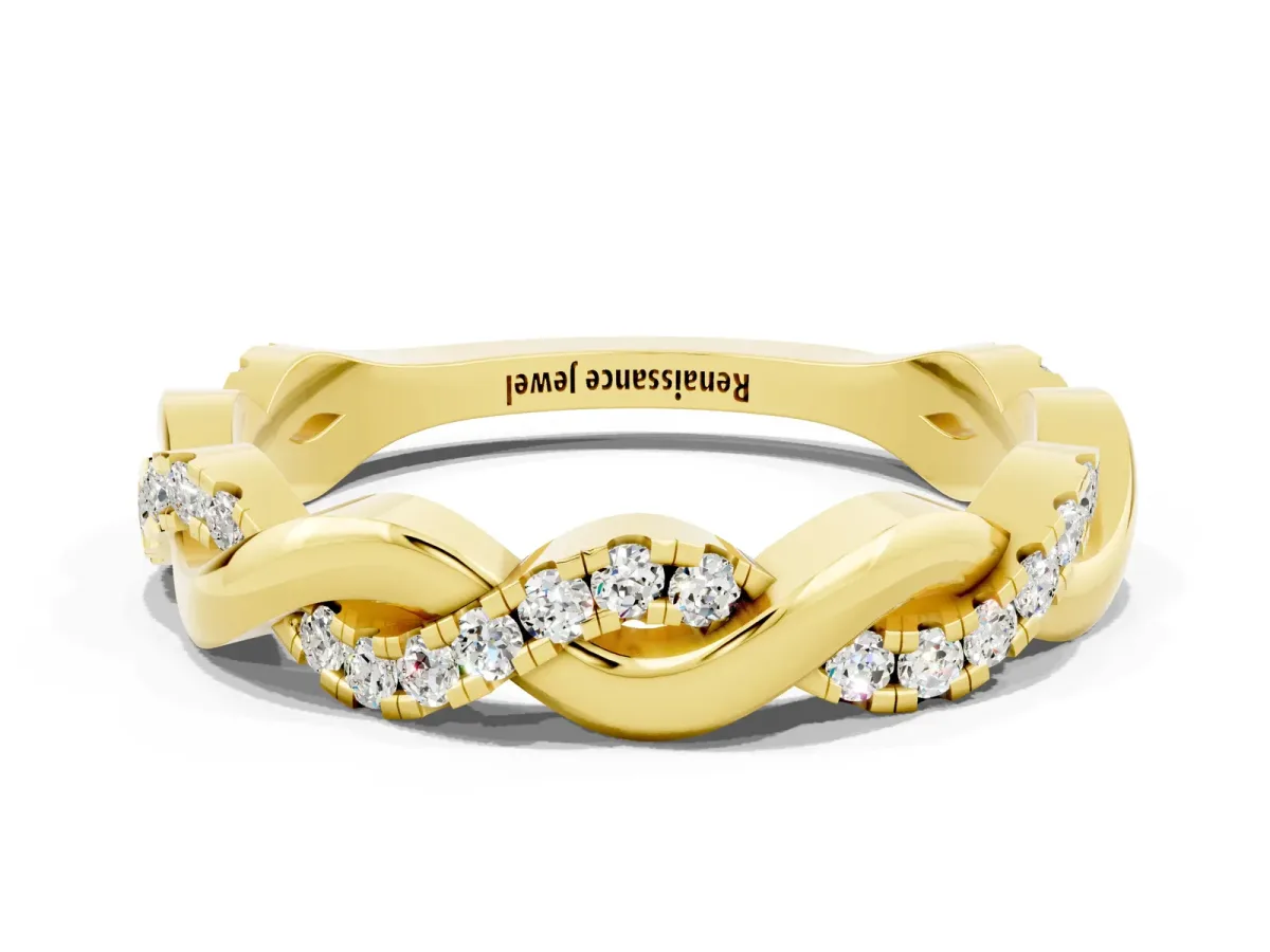 Pavé Round Moissanite Twist Eternity Band with Shared Prong Setting Yellow gold