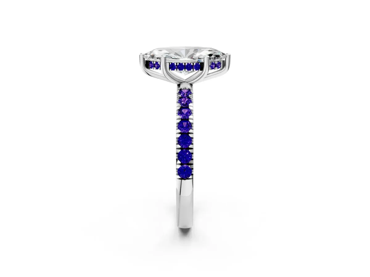 Marquise Cut Diamond Pave Band Solitaire Ring with Round Tanzanite and Prong Setting Platinum