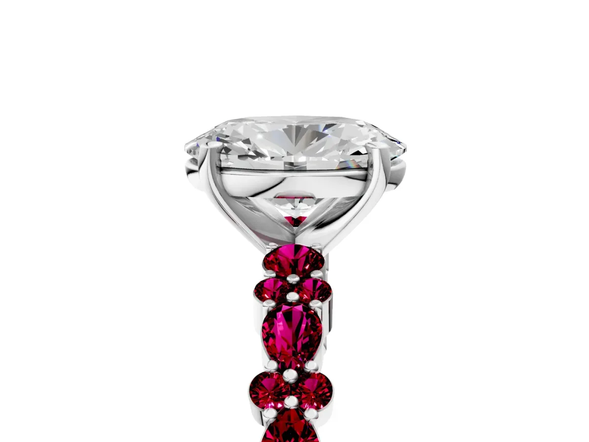 Oval Cut Diamond Side Stone Solitaire Ring with Round Garnet and Four-Prong Setting Silver