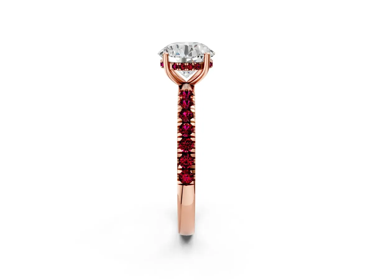 Round Cut Diamond Pave Band Solitaire Ring with Round Garnet and Prong Setting Rose gold