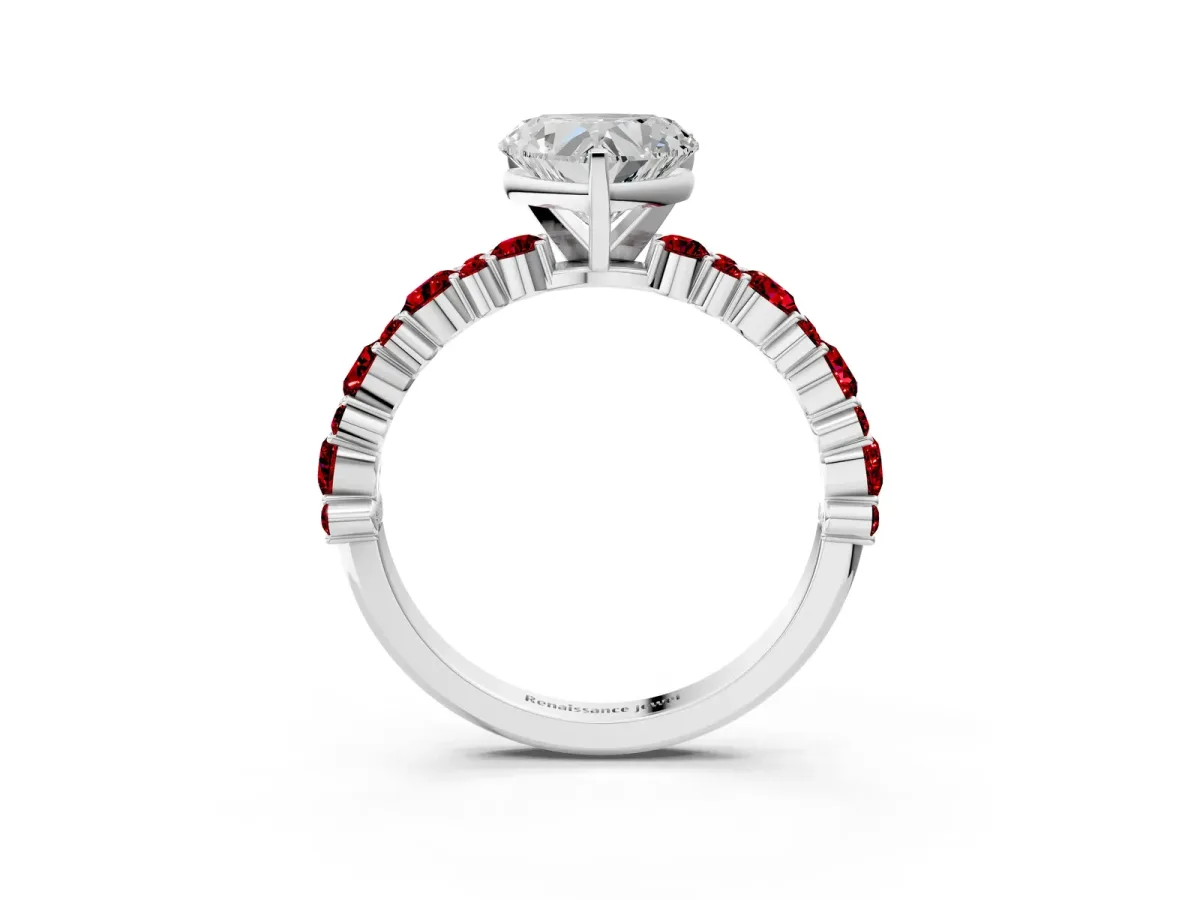 Heart Cut Diamond Side Stone Solitaire Ring with Round Ruby and Four-Prong Setting Platinum