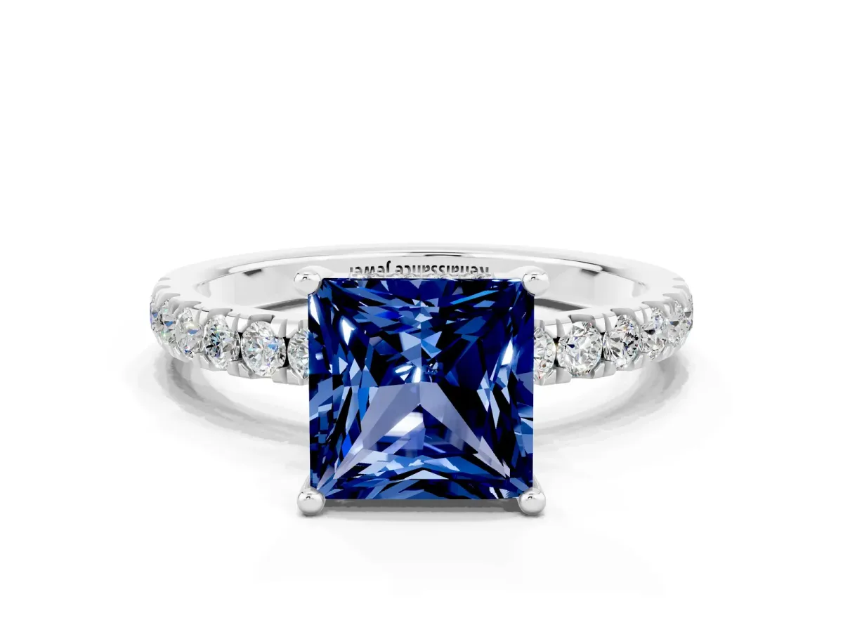 Princess Cut Blue Sapphire Pave Band Solitaire Ring with Round and Prong Setting Platinum