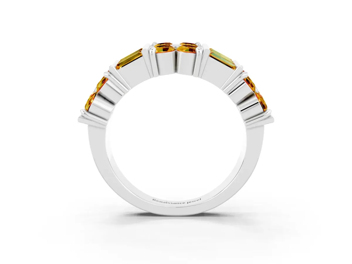 Channel Set Round and Baguette Citrine Anniversary Band with Prong Setting Platinum