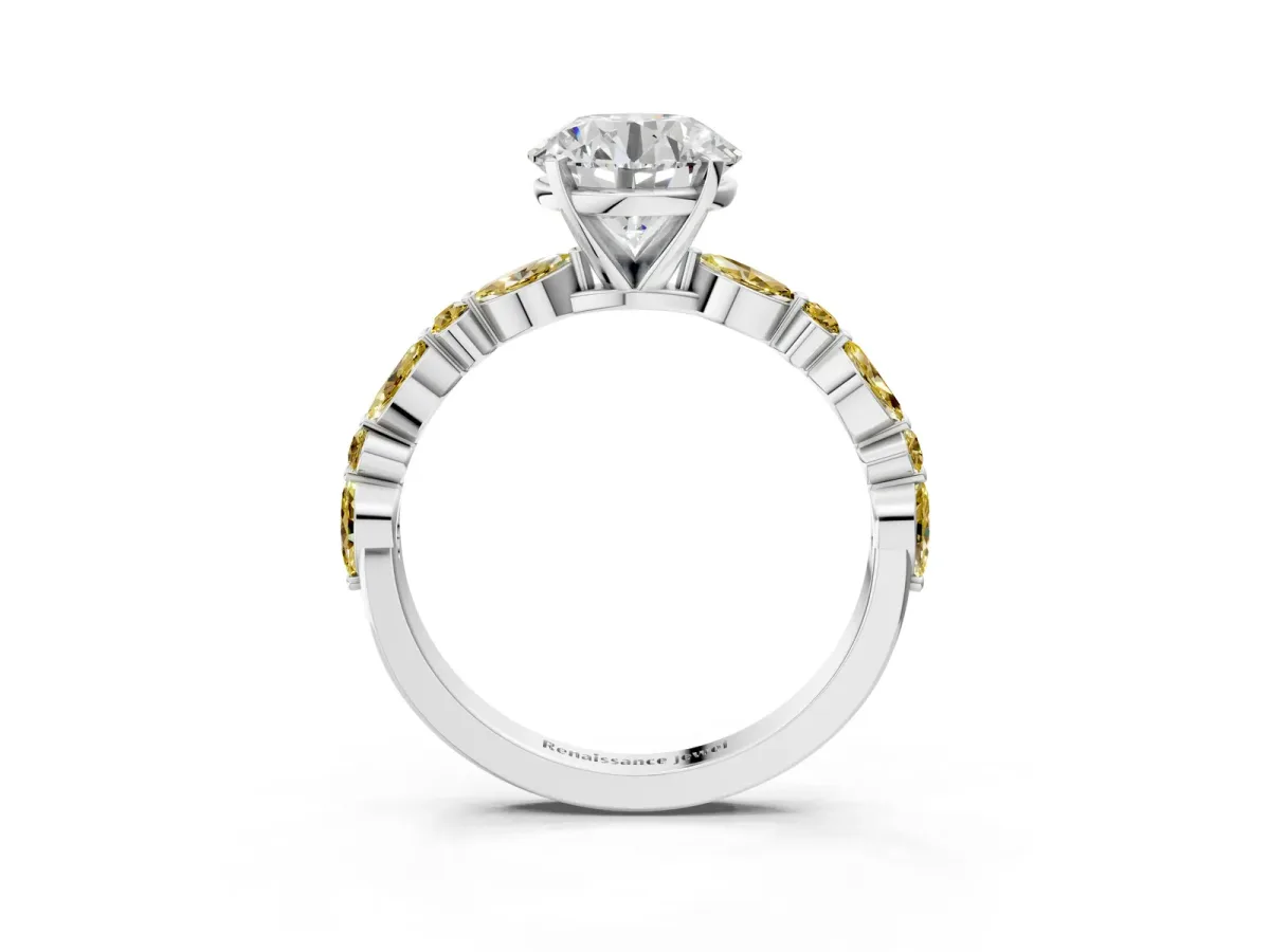 Round Cut Diamond Ring with Marquise and Round Yellow Sapphire Side Stones and Four-Prong Setting Silver