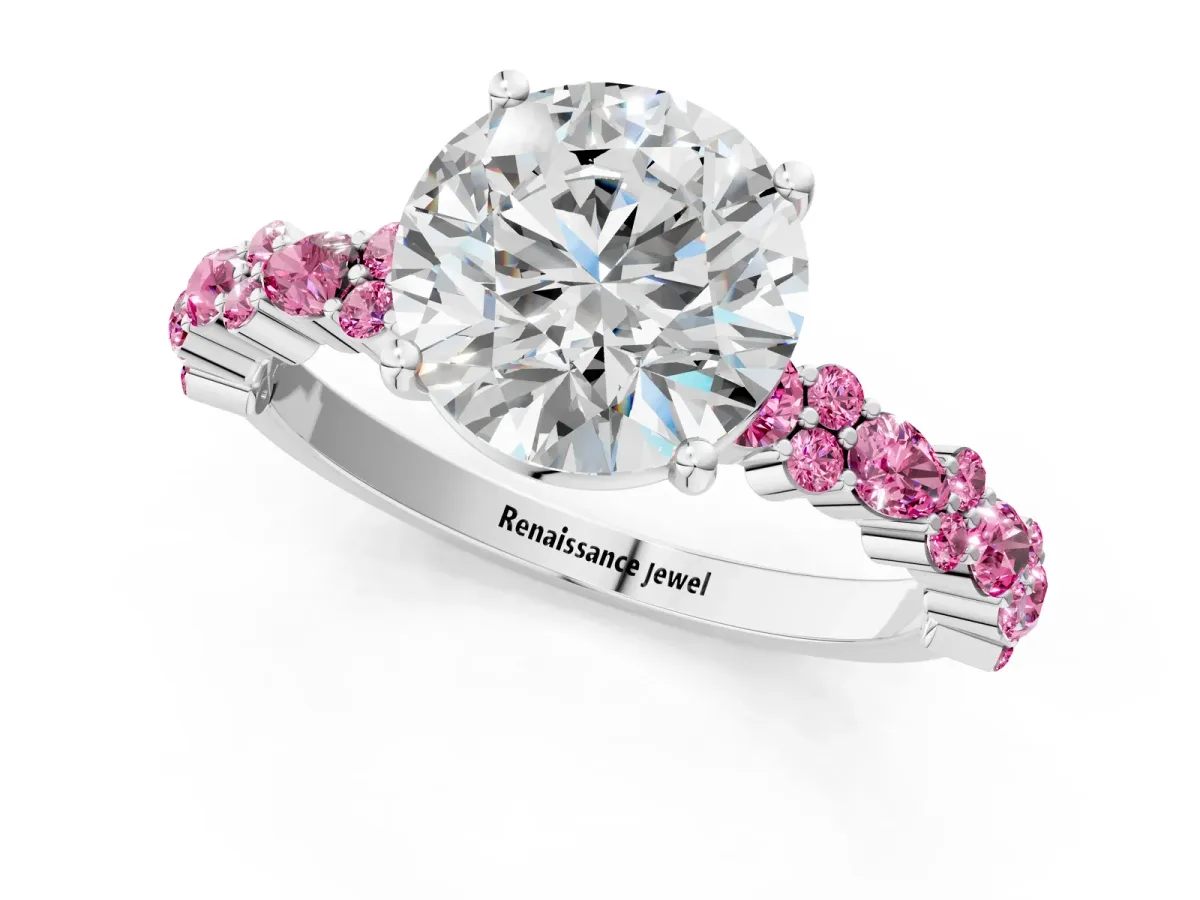 Round Cut Diamond Side Stone Solitaire Ring with Round Pink Sapphire and Four-Prong Setting White gold