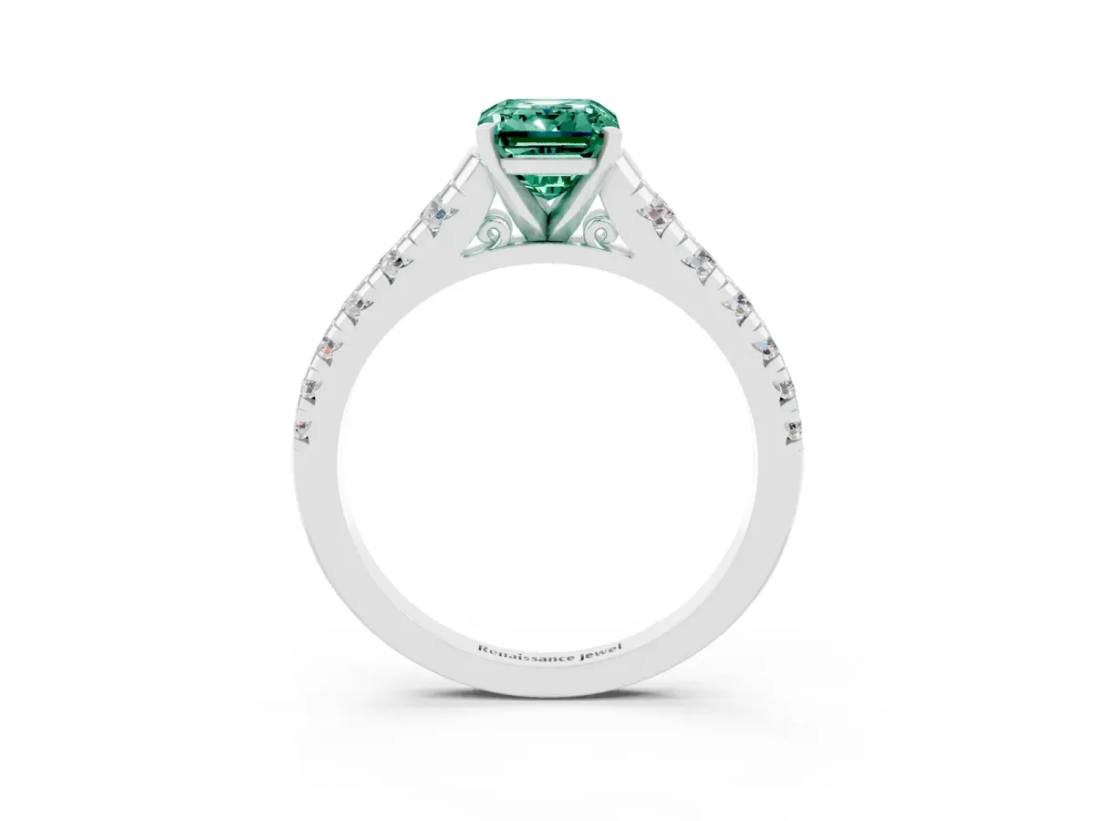 Emerald Cut Green Sapphire Cathedral Solitaire Ring with Round Pavé Band Silver