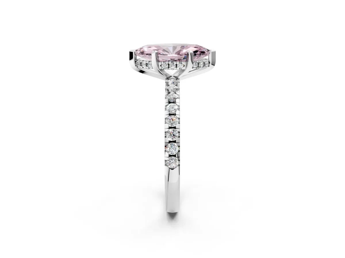 Fancy Pink Marquise Cut Diamond Solitaire Ring with Round Pavé Band and Four-Prong Setting Silver