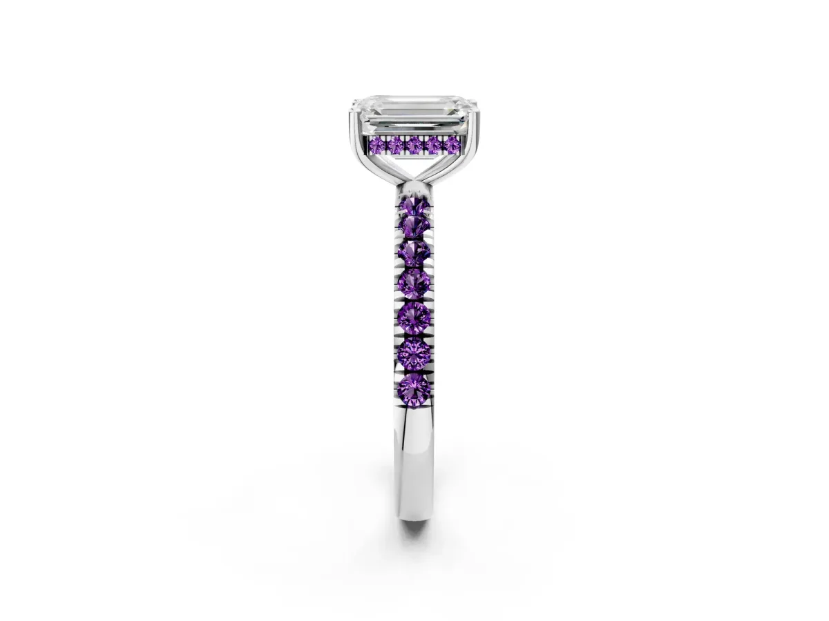 Emerald Cut Diamond Pave Band Solitaire Ring with Round Amethyst and Prong Setting Platinum