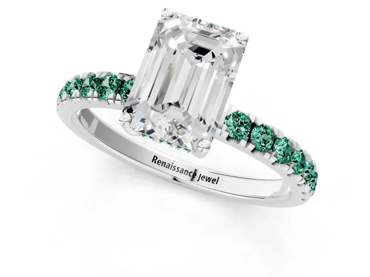 Emerald Cut Diamond Pave Band Solitaire Ring with Round Green Sapphire and Prong Setting Platinum