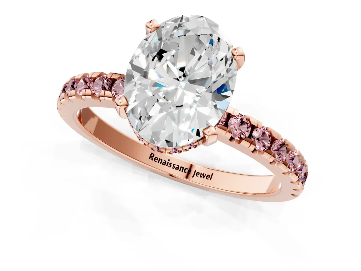 Oval Cut Diamond Solitaire Ring with Round Morganite Pavé Band and Four-Prong Setting Rose gold