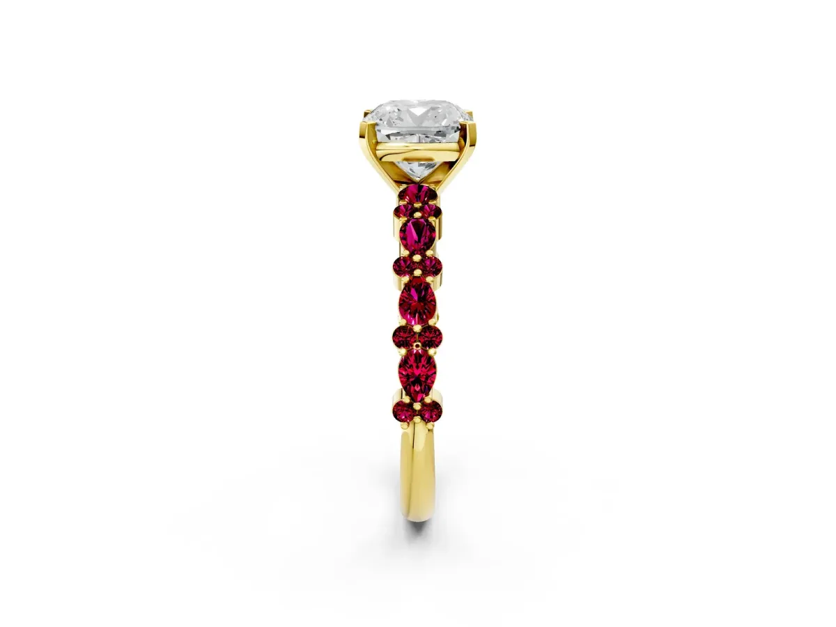 Cushion Cut Diamond Side Stone Solitaire Ring with Round Garnet and Four-Prong Setting Yellow gold