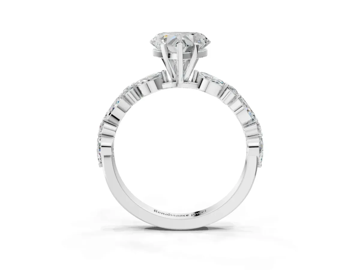 Heart Cut Diamond Ring with Marquise and Round Moissanite Side Stones and Four-Prong Setting Platinum