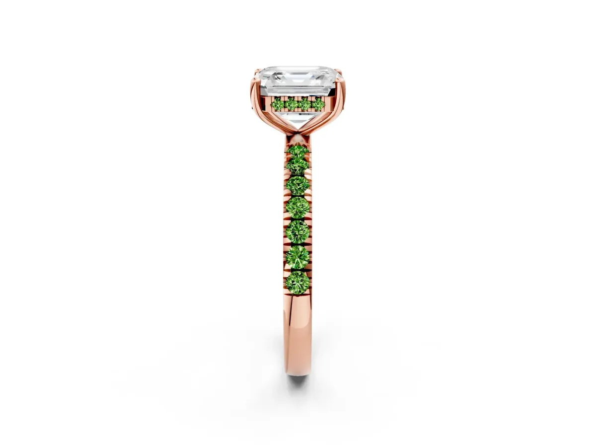 Asscher Cut Diamond Pave Band Solitaire Ring with Round Peridot and Prong Setting Rose gold
