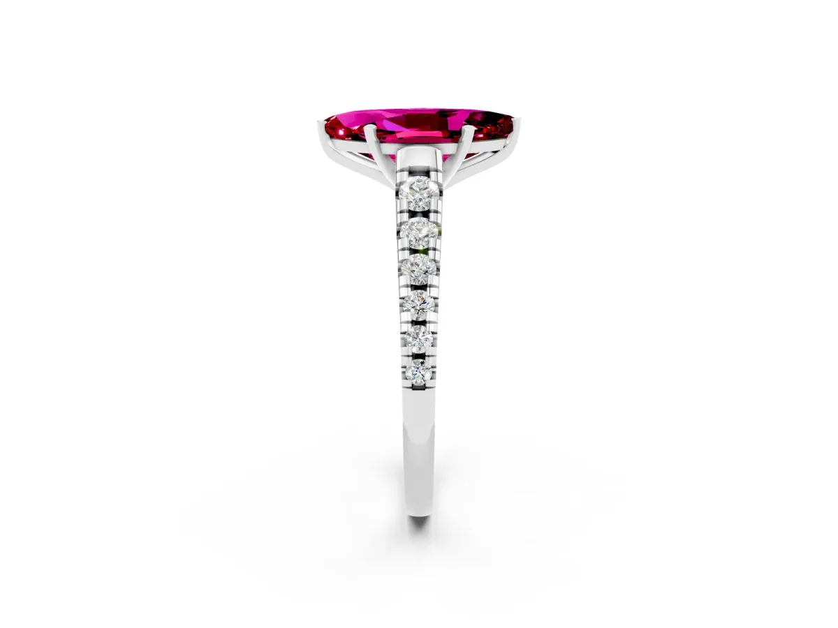 Marquise Cut Garnet Cathedral Solitaire Ring with Round Pavé Band White gold