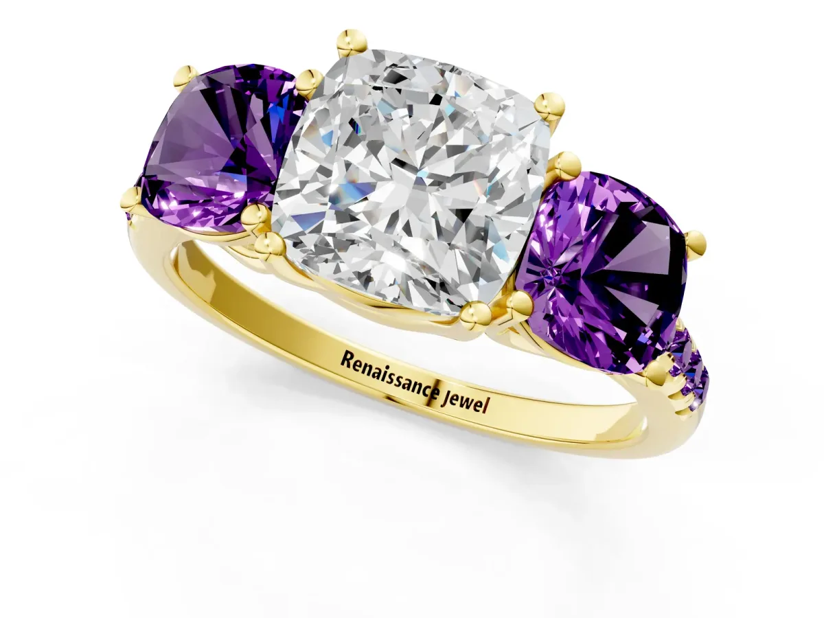 Three-Stone Cushion Cut Diamond Ring with Round Amethyst Pavé Band and Prong Setting Yellow gold