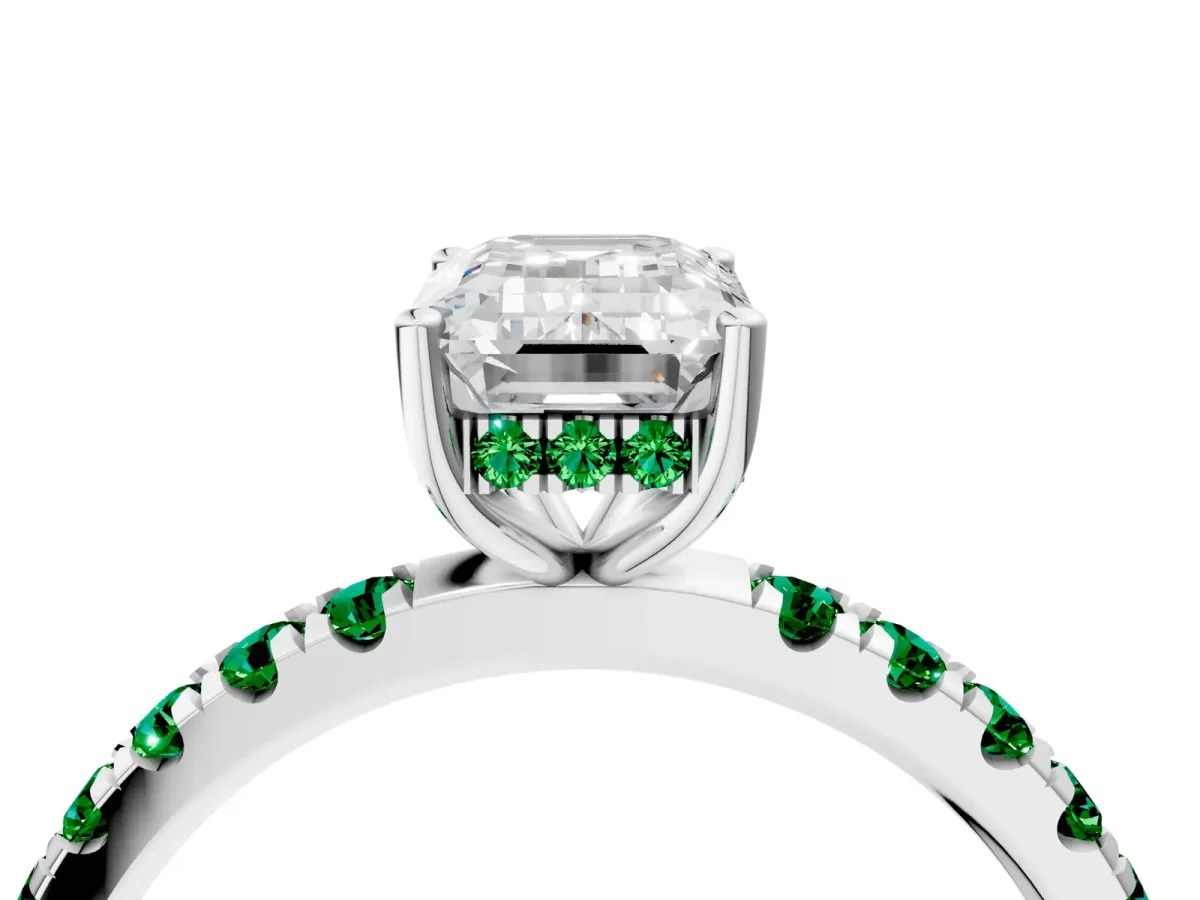 Emerald Cut Diamond Pave Band Solitaire Ring with Round Emerald and Prong Setting Platinum