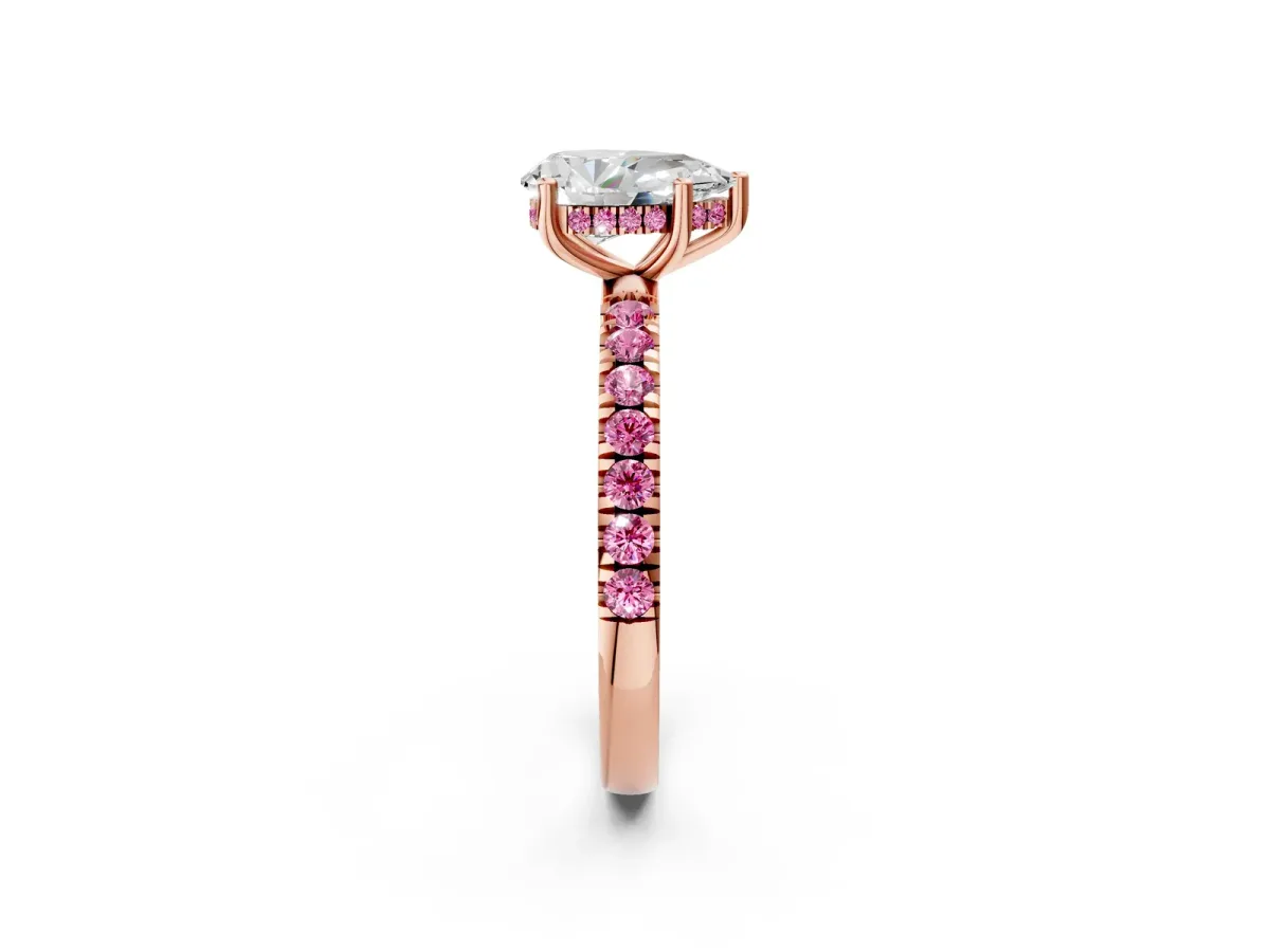 Pear Cut Diamond Pave Band Solitaire Ring with Round Pink Sapphire and Prong Setting Rose gold