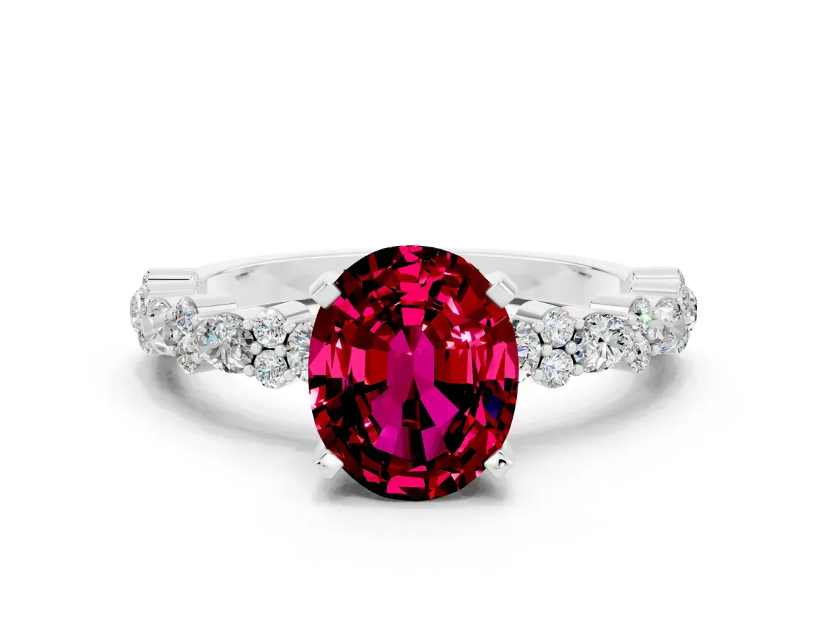 Oval Cut Garnet Side Stone Solitaire Ring with Round and Four-Prong Setting Platinum