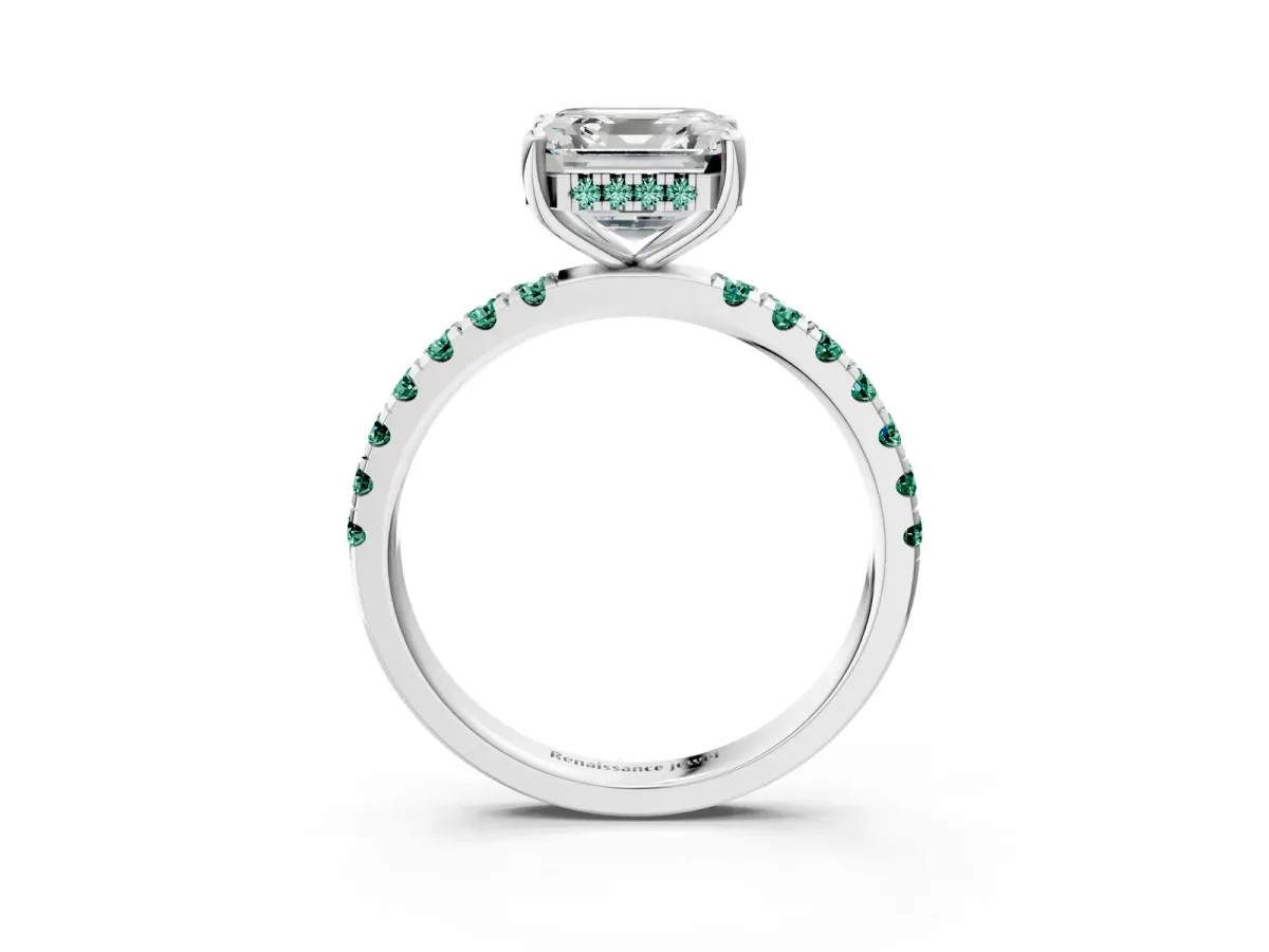 Asscher Cut Diamond Pave Band Solitaire Ring with Round Green Sapphire and Prong Setting Platinum