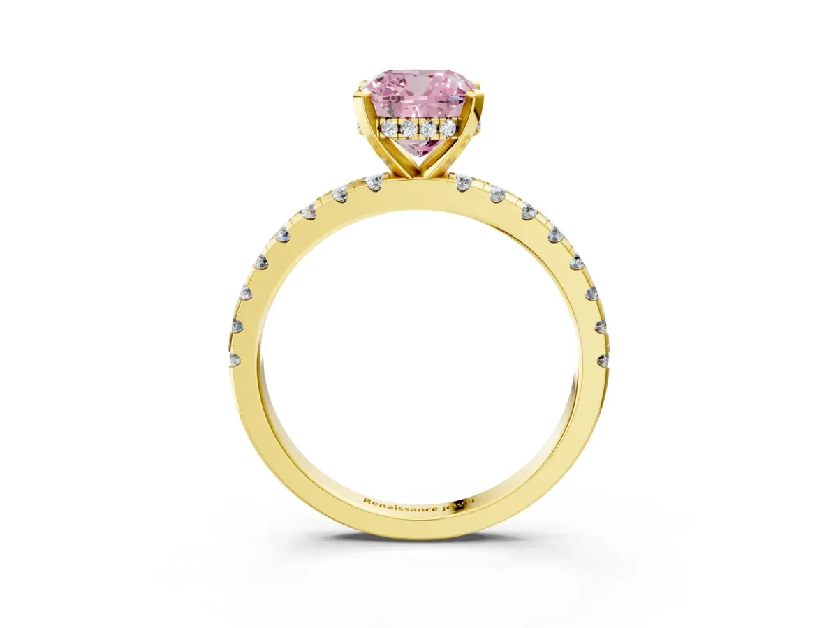 Fancy Pink Cushion Cut Diamond Solitaire Ring with Round Pavé Band and Four-Prong Setting Yellow gold